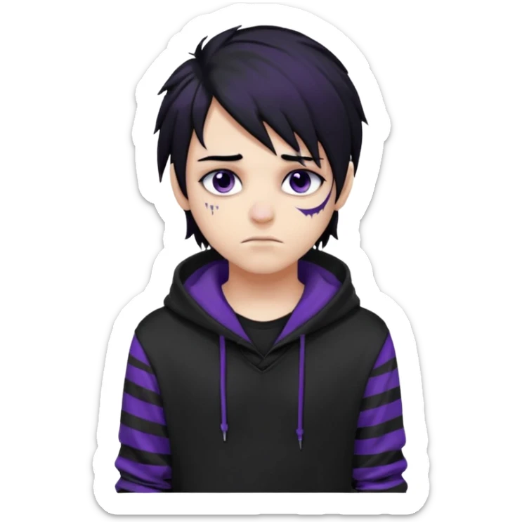 emo teen boy with long one-side messy black hair, dark hoodie with white and purple striped sleeves, piercings on his nose, dark eyeshadow sticker