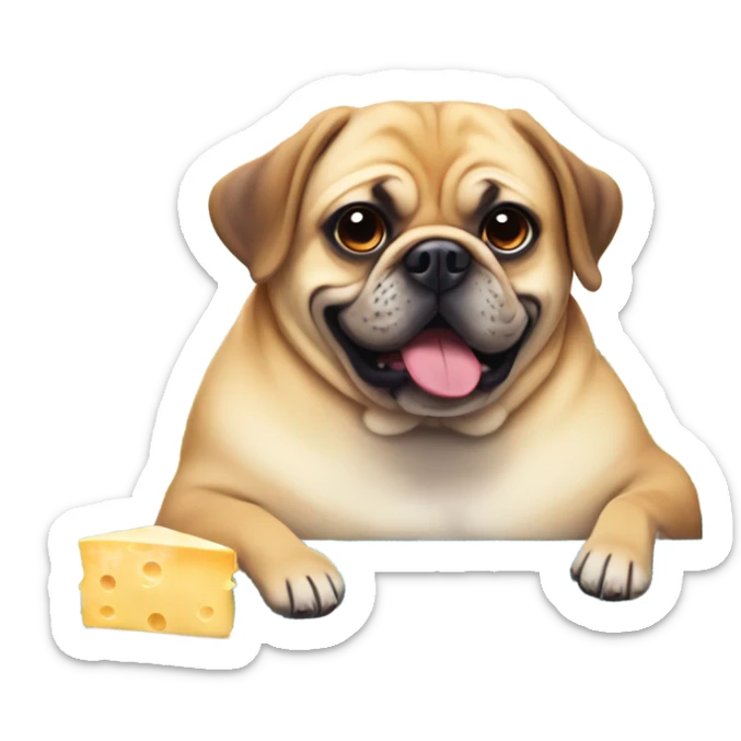 A tan puggle dog but super overweight and enjoying a piece of cheese by the pool sticker