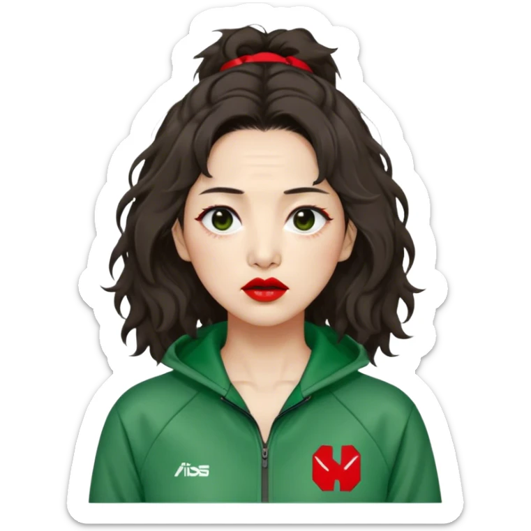 Han Mi-nyeo: Age Late 60s
A woman with many wrinkles face, frizzy, very messy dark brown hair and dramatic red lipstick.
Outfit: Green player tracksuit sticker