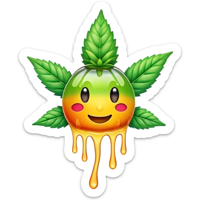 generate an emoji-style image of a juicy gummy shaped like a marijuana flower, make it colorful and with liquid dripping out sticker