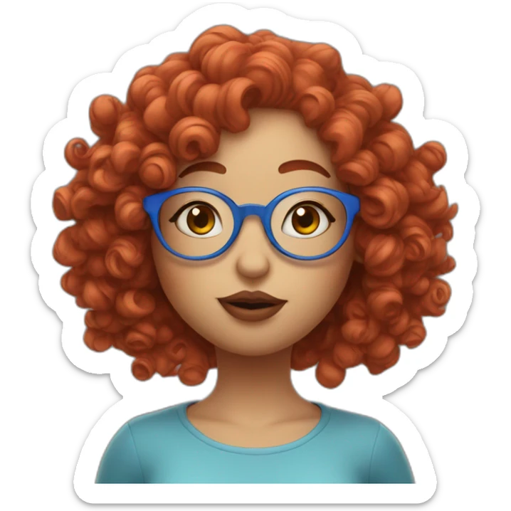 a curvy girl with curly red hair and blue glasses blowing a kiss sticker