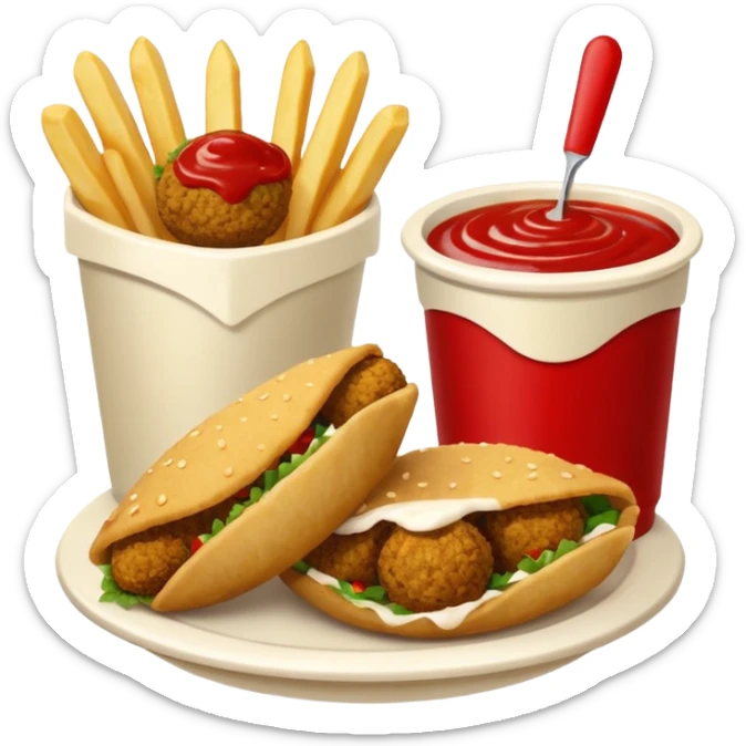 falafel and fries, with two containers with  red sauce and white sauce  sticker