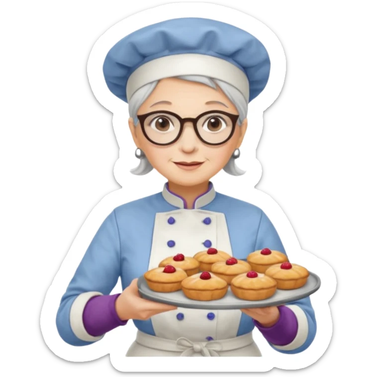 Older female pastry chef – round glasses, oven mitts on, holding a tray of pastries.

 sticker