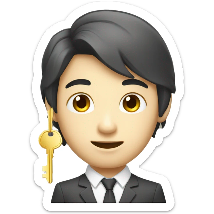 skinny eyed asian realtor with hair handing a gold key sticker