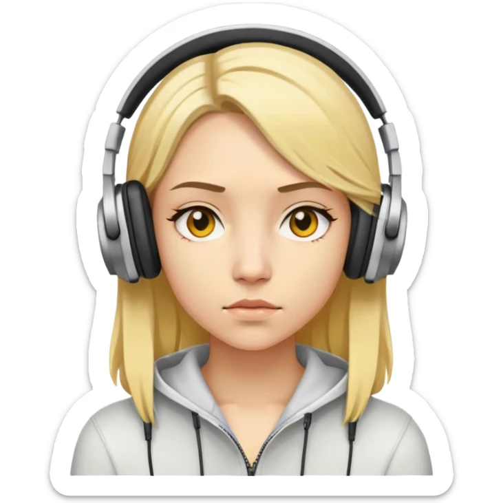 "- Nữ
- 20 tuổi
- Da vàng
- Tóc vàng ngang vai
- Mặt nghiêm túc
- Đeo tai nghe

" sticker