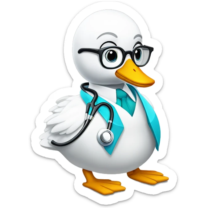 an adult swan dressed with a clinician costume with glasses and a stethoscope sticker