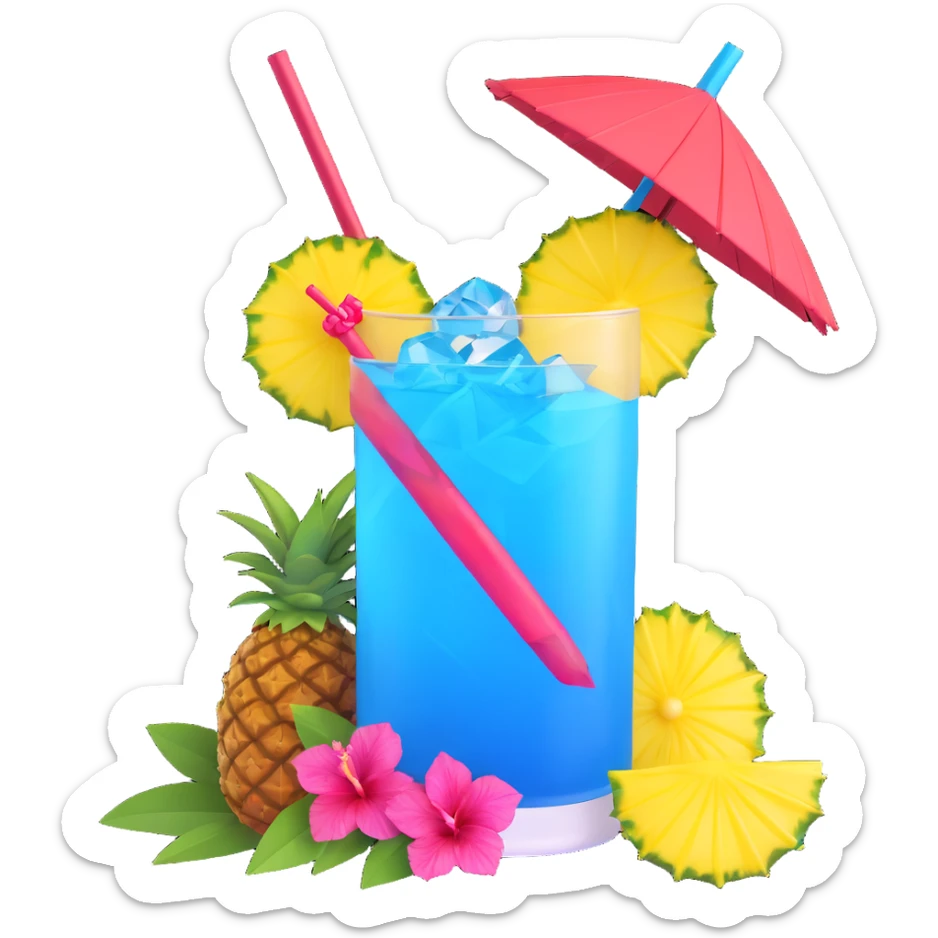 vibrant tropical fruity blue cocktail with hibiscus, pineapple slice, and paper umbrella garnish sticker