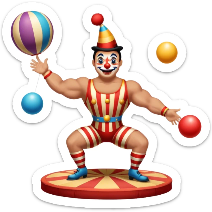 Icon for Circus Arts: a vibrant circus arena with a strongman in a striped costume, a juggler, and a clown performing. The icon should capture the excitement and energy of a circus show, with emphasis on skill and entertainment. Transparent background. sticker