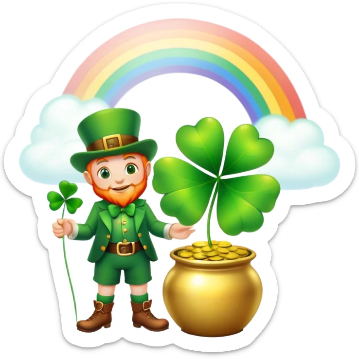 Green shiny four leaf clover with a little leprechaun standing beside the pot of gold with a rainbow  sticker