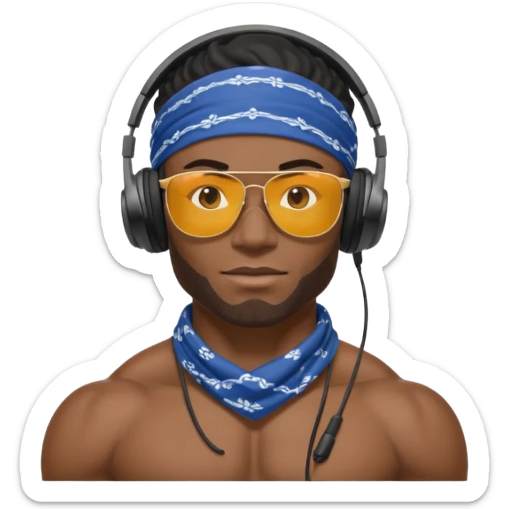 black muscular man with shades, headphones and bandana sticker