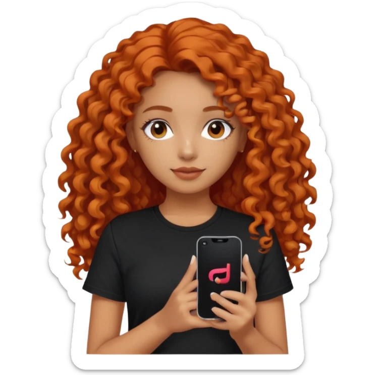 A girl with long, dark orange curly hair, wearing a black T-shirt, is holding a phone with the TikTok icon sticker
