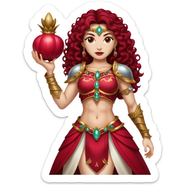 full body woman long curly brown hair brown eyes white skin tattoos muscular build pomegranate empress armor split open jewel seeds glow sticker