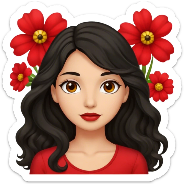 Olive brown eyed women with black long wavy hair red flower background red top sticker