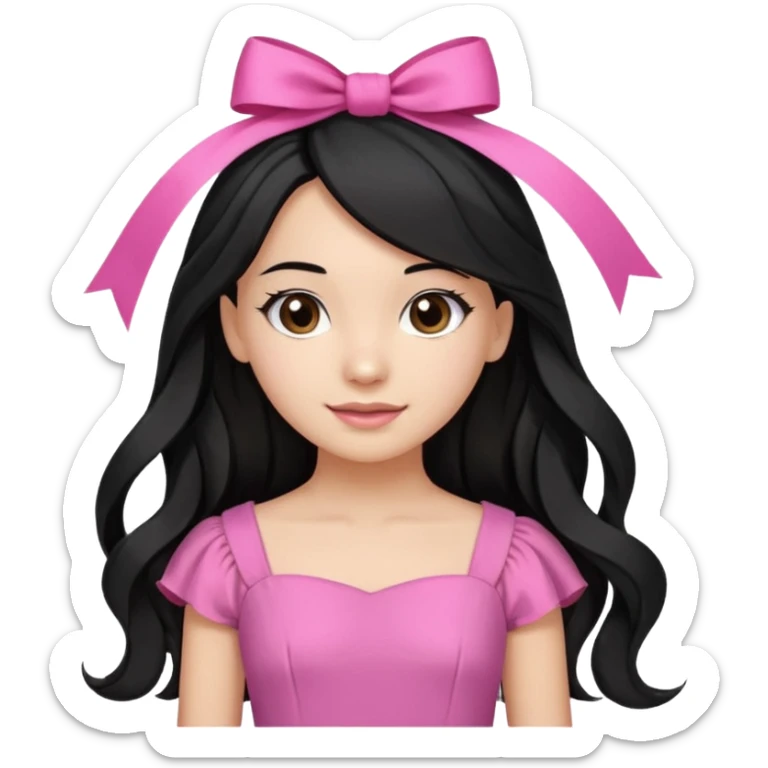 Beautiful girl with long black hair in a half-up half-down hairstyle with pink ribbon tying the top half, waves at the ends, brown eyes, light skin, slight smile, and pink dress sticker