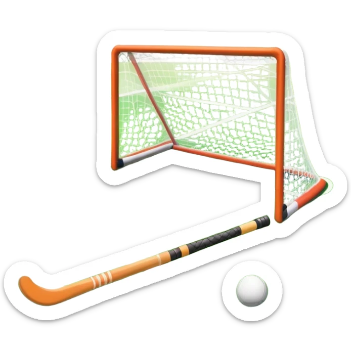 A field hockey stick and ball on a vibrant green grass field, with goalposts and clear field markings in the background. The scene emphasizes the bright, lush grass, highlighting the fast-paced and strategic nature of hockey on a well-maintained pitch. sticker