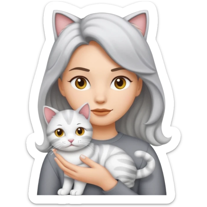 Haz una imagen estilo emoji de iPhone con una chica blanca de cabello ondulado claro tomando en brazos a su gato gris con blanco sticker