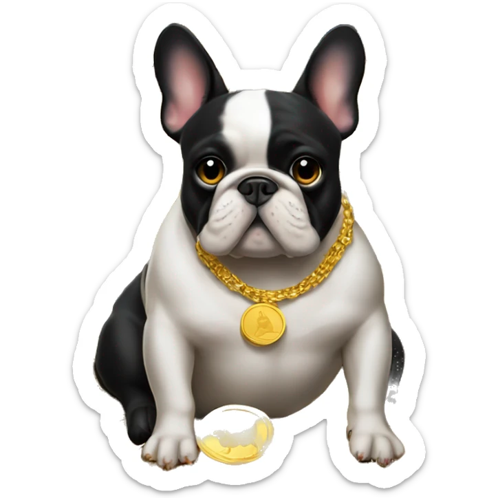 Black-and-tan French bulldog laying on big pile of gold coins sticker