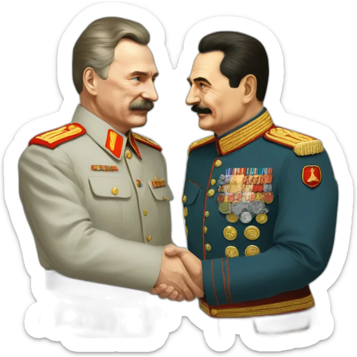 Stalin shakes Putin's hand. Putin without a mustache in a suit, Stalin in a tunic sticker