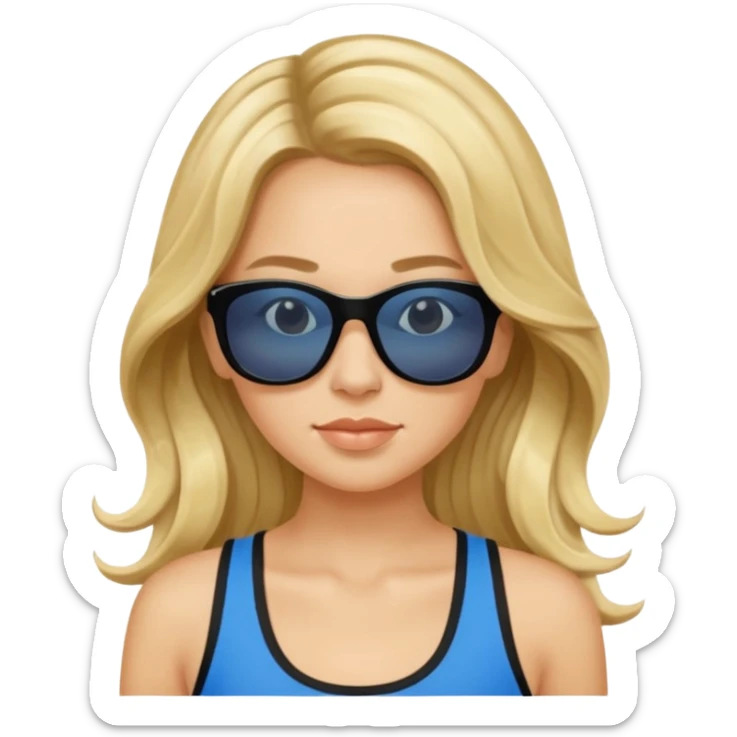 an olive tan woman with long, wavy blonde hair in a blue tank top wearing black Prada sunglasses sticker