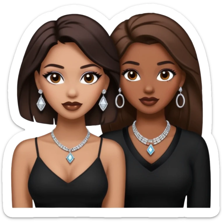 Boujy baddie best friends, trendy heavy makeup both dark hair one light skinned and one mocha brown pretty hair both wearing black and earrings and diamond necklace one mocha brown skin better ones please  sticker