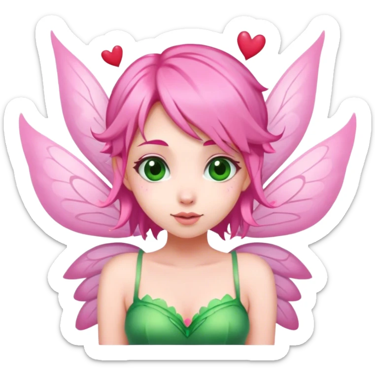 pink hair, pink wing fairy in green dress hearts sticker