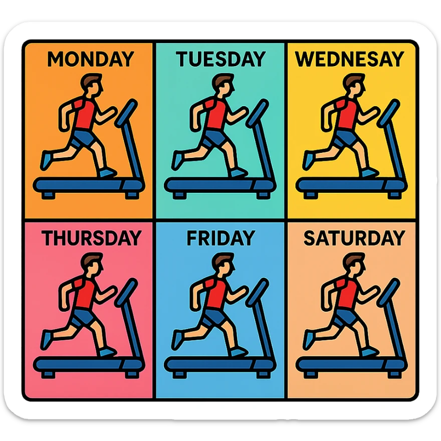 A picture is into seven parts showing a sportsman runnig on the treadmill. In each little picture there is a name of the days of the week, from monday to sunday sticker