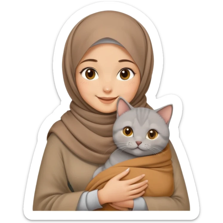A hijabi teenage girl wean a brown pashmina holding a brithis short hair in her arms while smiling sticker