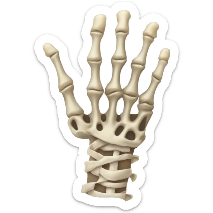 Skeleton hand with a little skin being held together by gauze bandages that are peeling away sticker