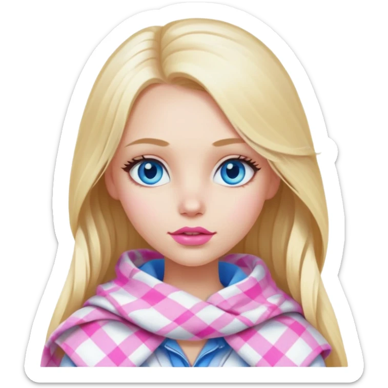 A beautiful blonde girl with long hair, blue eyes, pink lips is wrapped in a white plaid with her head sticker
