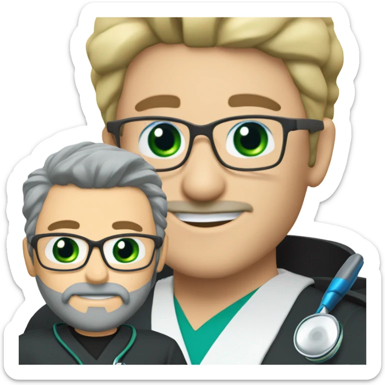 male blond doctor with grey beard with blue-green eyes and wire glasses in black scrubs holding a paintbrush sticker