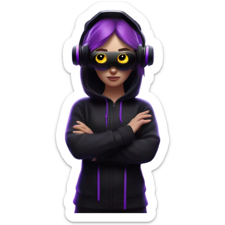 Russian girl wearing black hoody with violet letters "OMG", in vr headset oculus quest2. Standing like jedi. Cyberpunk style. Violet neon. sticker