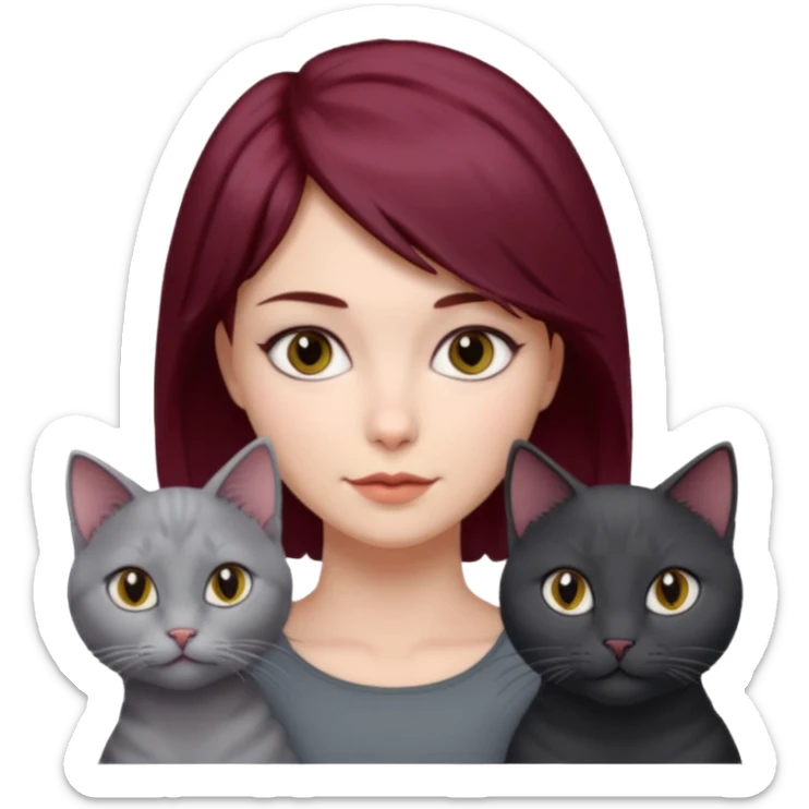 femme au cheveux court bordeau, yeux gris,  avec chat poils longs gris clair et chat poils ras noirs sticker