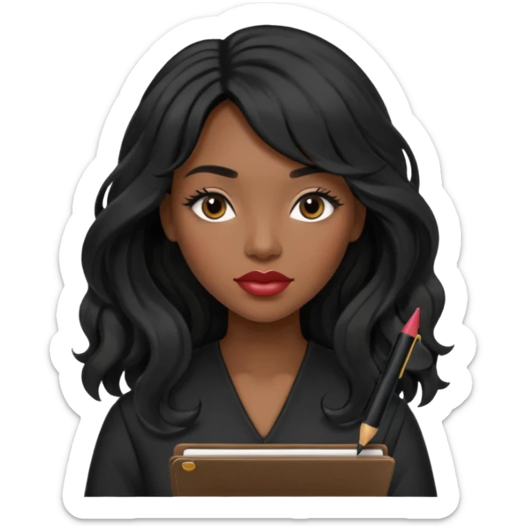 A young woman with long black hair, a wavy frange falling on half of her head.  She's black, medium to dark skinned with thick lips. She's holding something that let's us know she's the CEO of a creative agency, but she's wearing black casual clothes. she has long eyelashes. sticker