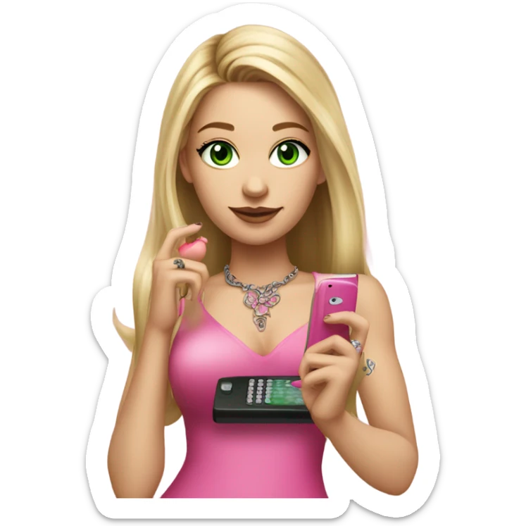 Realistic White girl with Long straight blonde hair, green eyes, tattoos, full body wearing dress and High heels, holding pink phone sticker
