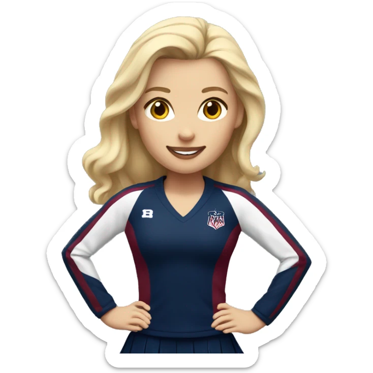 cheerleader with blonde hair and a navy blue, white and burgundy uniform sticker