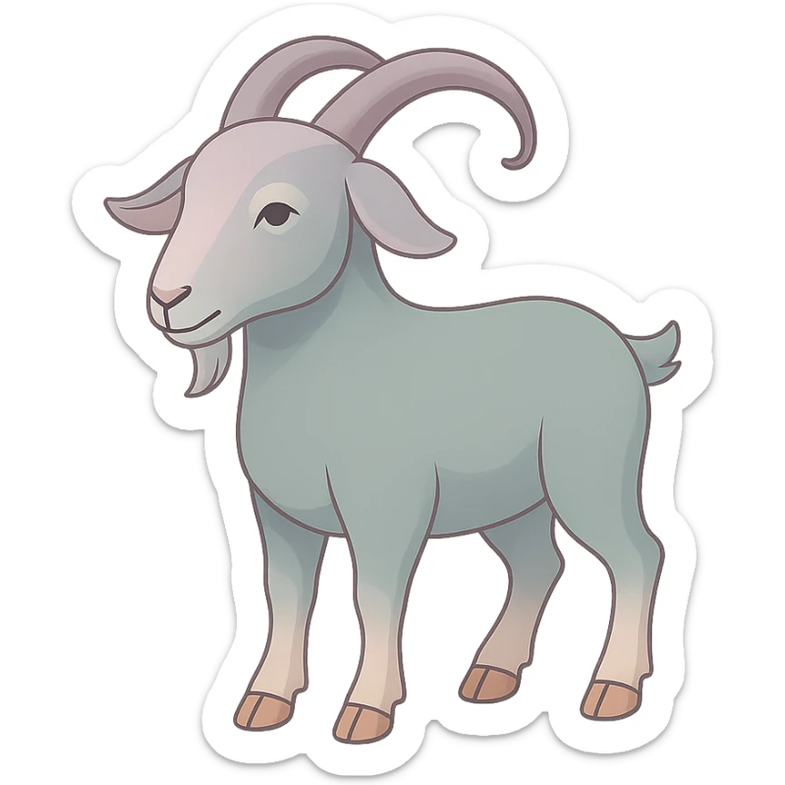 Edit the image to depict a goat as the symbol of the year in Feng Shui, in a Chinese Eastern style. Use thin, clean contours and soft rounded shapes. Apply a pastel palette with colors #98B5BC, #B5B3C1, #C9A3C9, #E4C0CA, #F7DCD1, #F7C0AA. Include detailed shadows and highlights with soft lighting. Keep the silhouette and appearance as in the reference. Make it less cute and without decorative elements. Transparent background. sticker