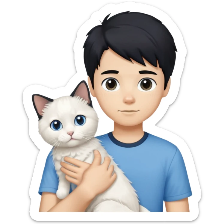 teenage boy with black hair wearing blue short sleeve shirt holding a white ragdoll cat sticker