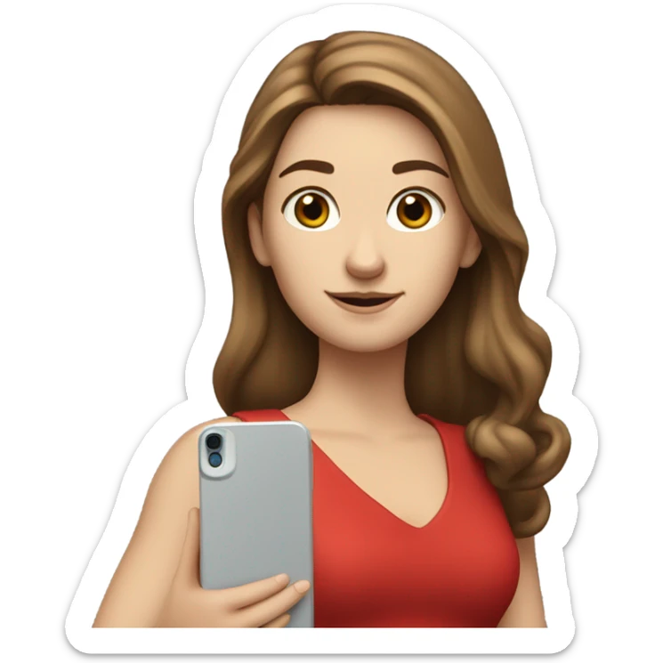 a white girl with log brown hair in a red dress holding a cell phone showing it sticker