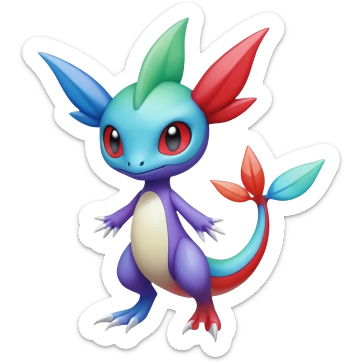 Purple-red-blue-white-gradients Meloetta-Larvitar-Axew-Grovyle-Pokémon-Fakémon-hybrid-fusion-creature sticker