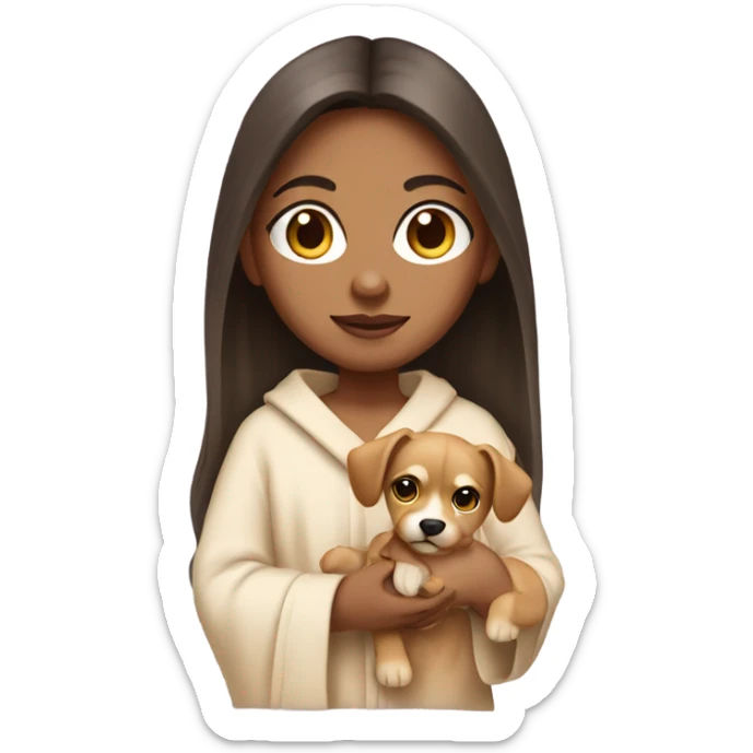 Indian girl with light skin straight hair holding a puppy in a robe sticker