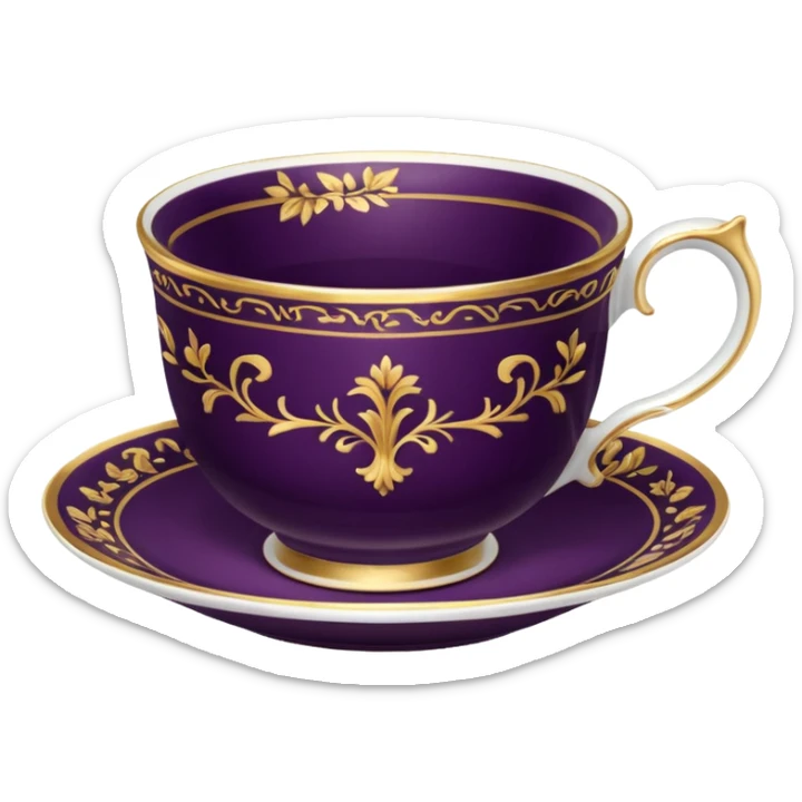 18th century realistic detailed dark plum color tea cup with realistic 14k gold detailed pattern  sticker