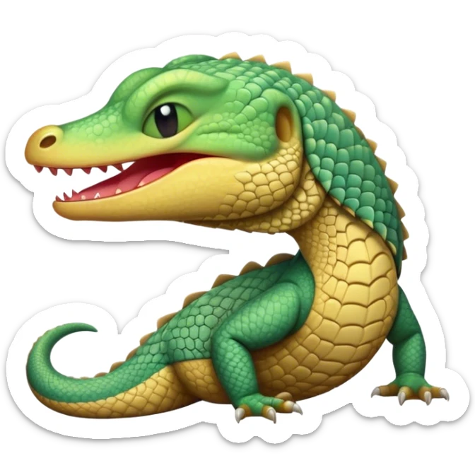 Cinematic Cute Yawning Monitor Lizard Portrait Emoji, Head tilted slightly with a dramatic, wide-open yawn, showcasing textured, patterned scales and sleepy, half-closed eyes exuding relaxed charm, Simplified yet irresistibly adorable features, highly detailed, glowing with a soft, cozy glow, high shine, relaxed yet expressive, stylized with a dash of whimsical wildness, soft glowing outline, capturing the essence of a drowsy yet affectionate reptile that appears ready to stretch out for a nap! sticker