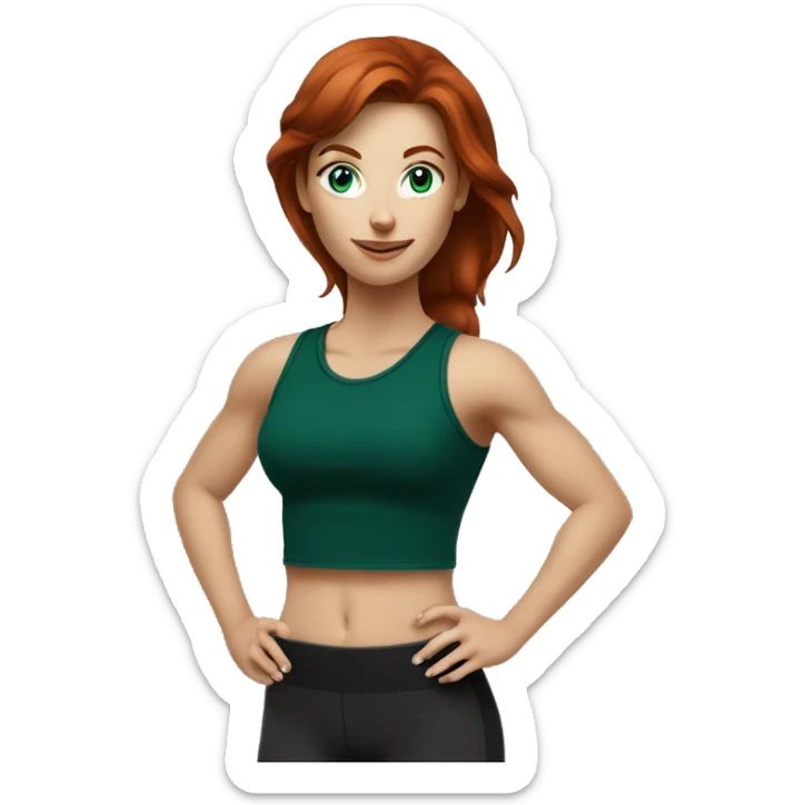 Dark Redhead fitness girl with blue eyes in dark green top with coffee sticker