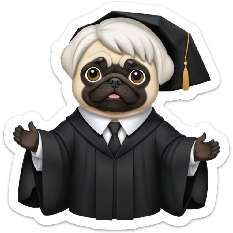 Black pug wearing white lawyer’s wig and black lawyer’s robes with white collar sticker