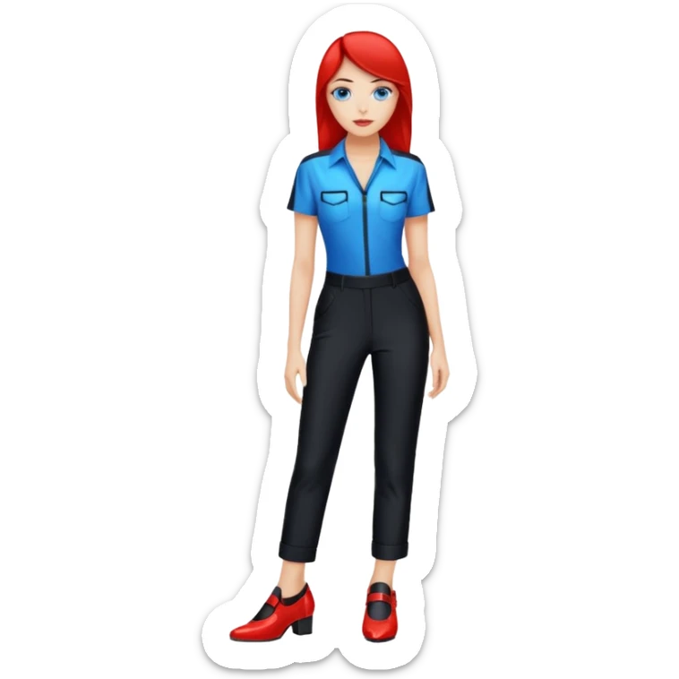  Cette femme aux yeux bleus, porte une chemise rouge, un pantalon noir, des chaussures noirs, style Tron.  sticker