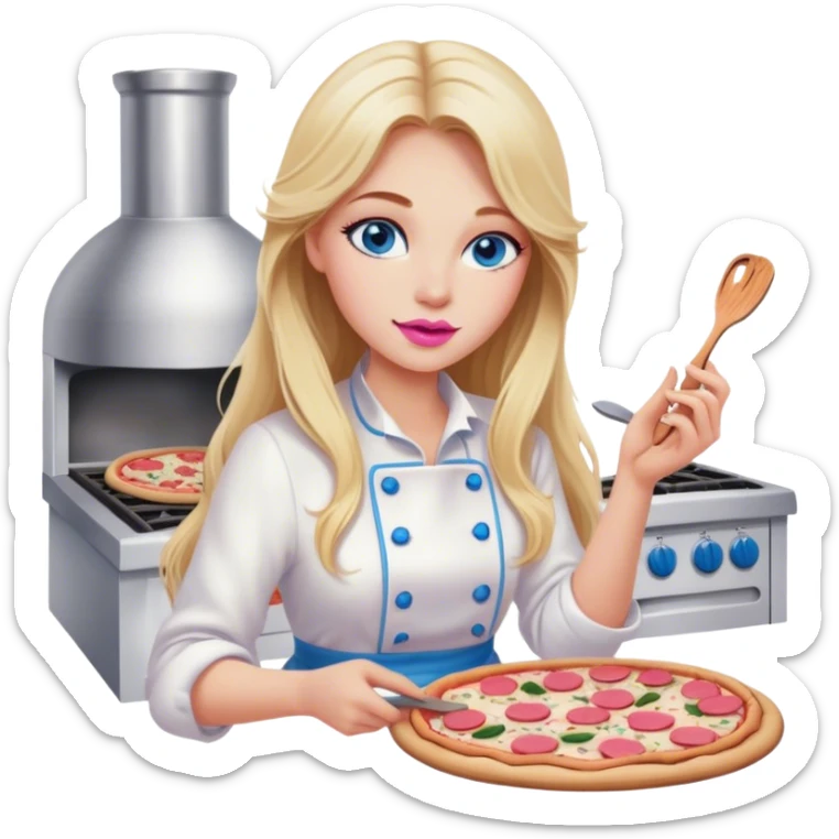 Cinematic realistic beautiful blonde with long hair, blue eyes and pink lips in a white dress cooks pizza sticker