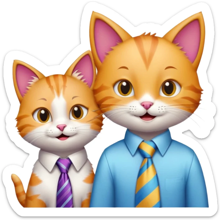 happy girl cat with eyelashes wearing a colorful necktie and happy boy cat wearing a professional necktie standing together side by side, both with cheerful expressions sticker