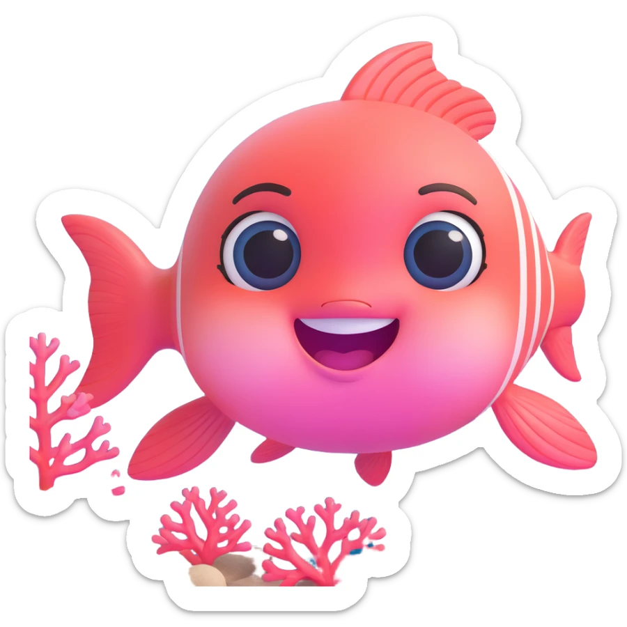 cute pink fish emoji, alternate pose, big smiling face, huge shiny eyes, rosy cheeks, tiny fins, soft pastel colors, underwater background with bubbles and coral, 3D glossy style, chibi emoji look, super kawaii sticker
