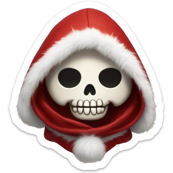 Cute, happy little skull wearing a red velvet hood with fluffy white fur trim. sticker