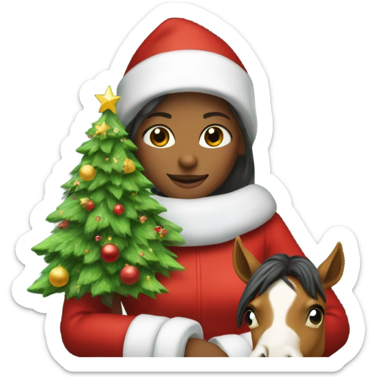 Girl dressed like Santa next to Christmas tree holding horse sticker